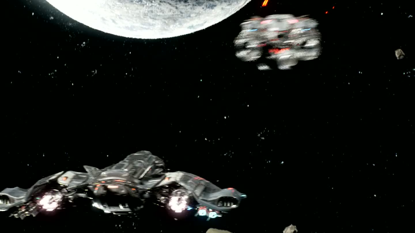 Ships in pursuit above a planet.